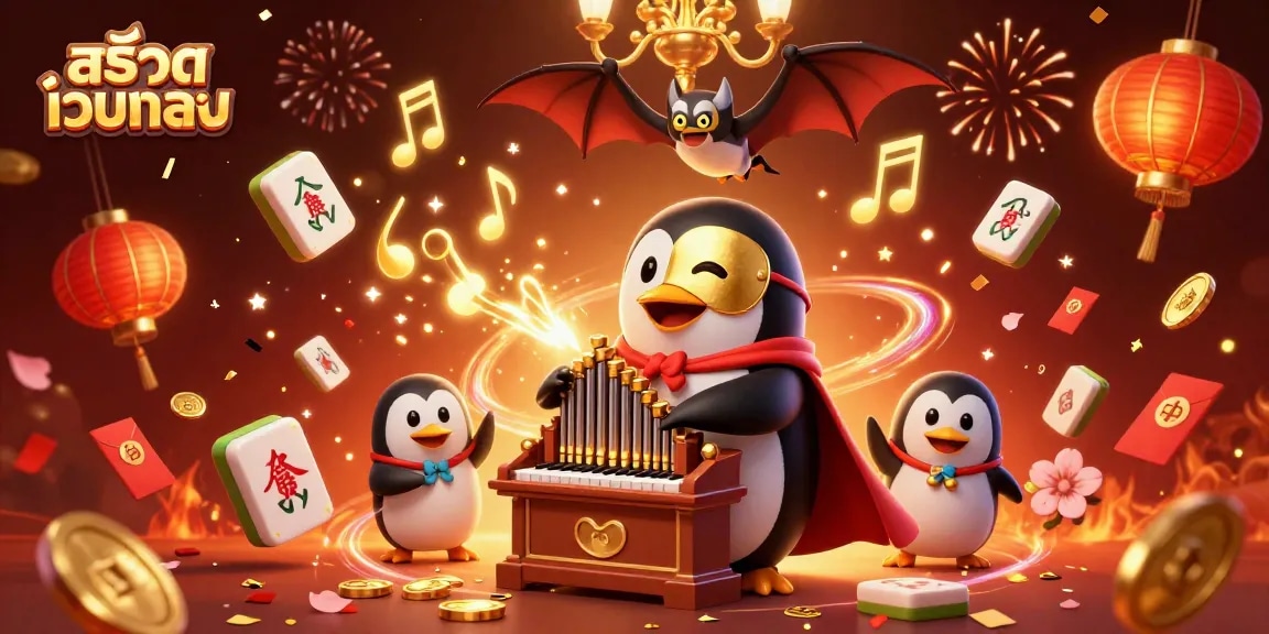 Experience the thrill of สล็อตเว็บตรง with a vibrant 3D casino illustration featuring a penguin organist.