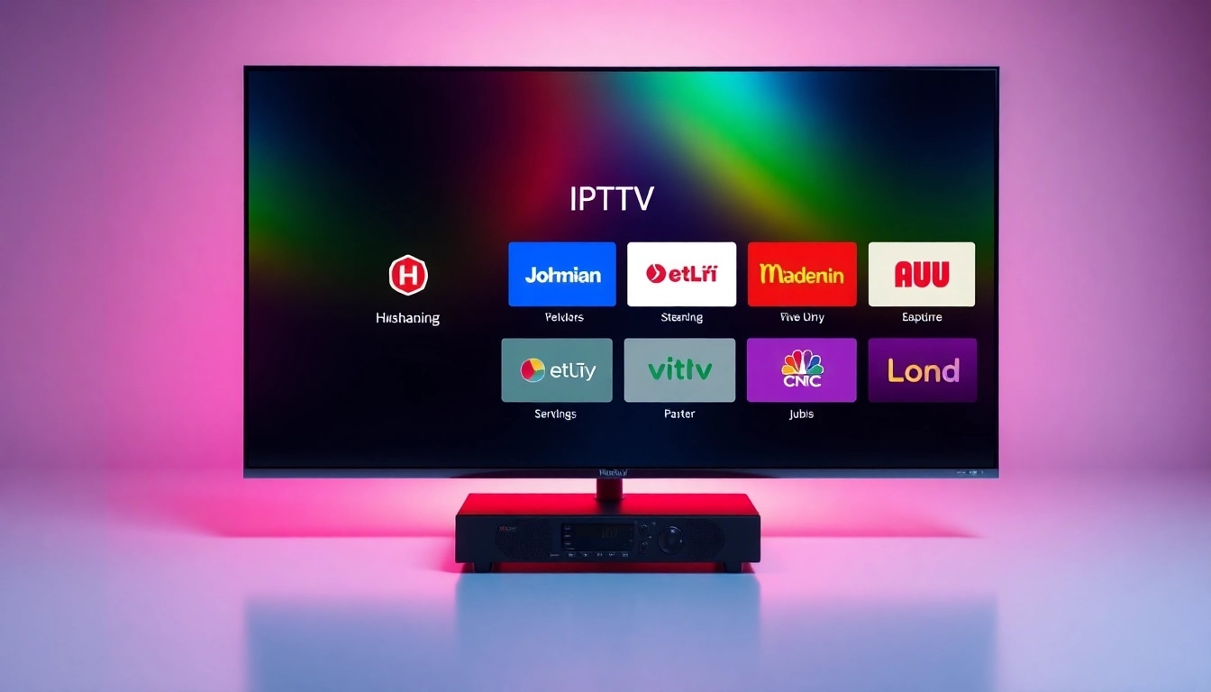 Showcase of IPTV Anbieter options with colorful interface highlighting various streaming services.