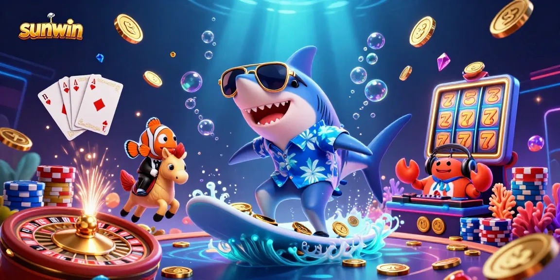 Sunwin showcases a vibrant 3D casino scene with a shark, clownfish, and crab amidst coins and cards.