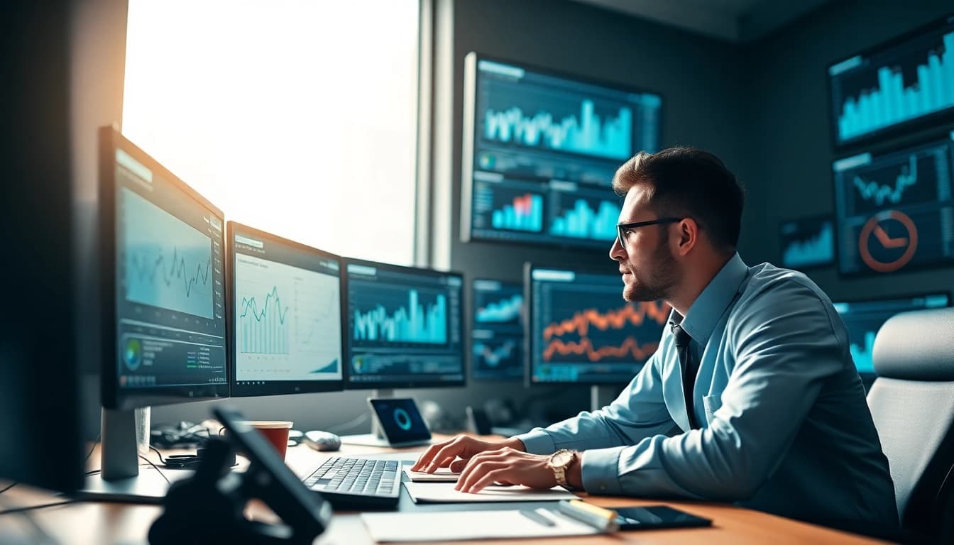 Evodrop Beobachter analysiert Grafiken und Daten in einem modernen Büro.