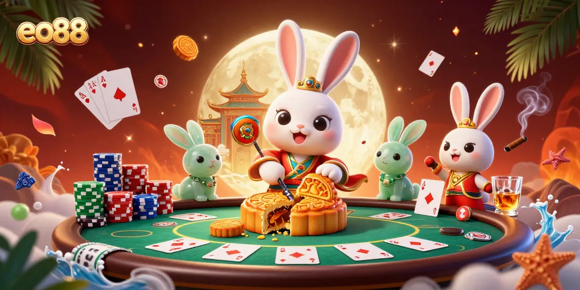 eo88 showcases a moon rabbit pounding mooncakes revealing poker chips, creating an enchanting casino scene.