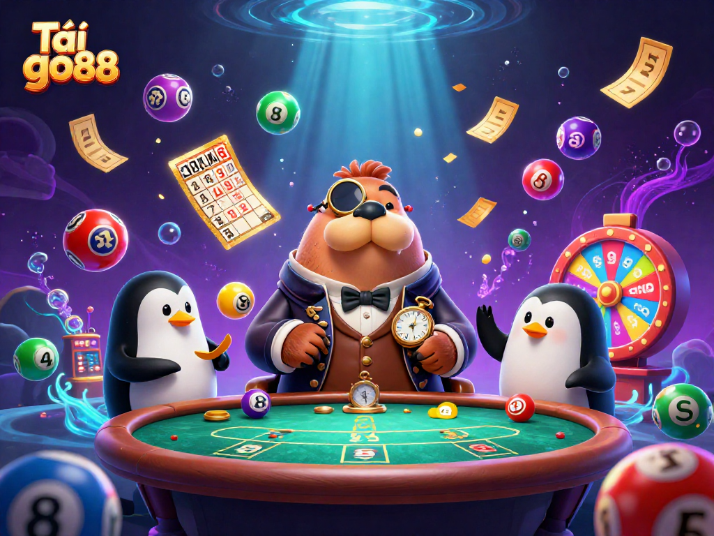 Tải go88 with a jolly walrus at an underwater poker game, showcasing vibrant lottery elements and dynamic action.