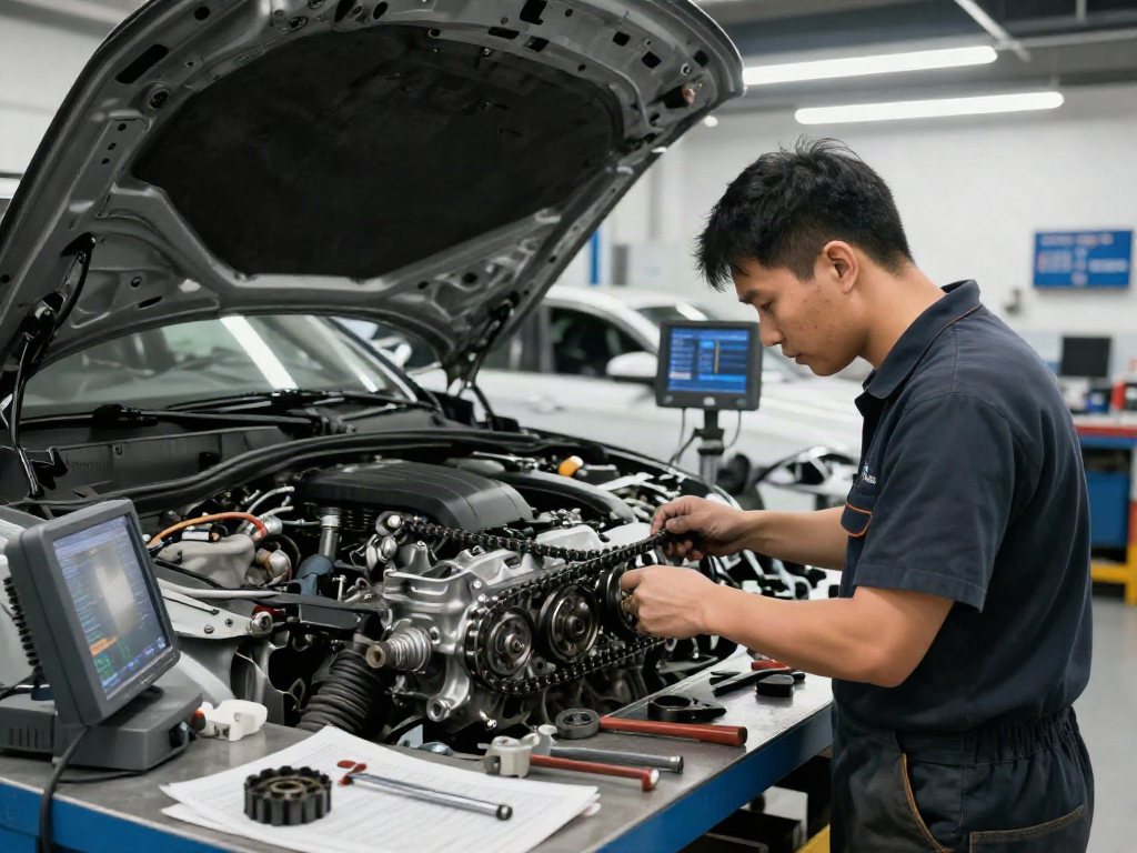 Mechaniker beim BMW Steuerkette wechseln in einer professionellen Werkstatt.