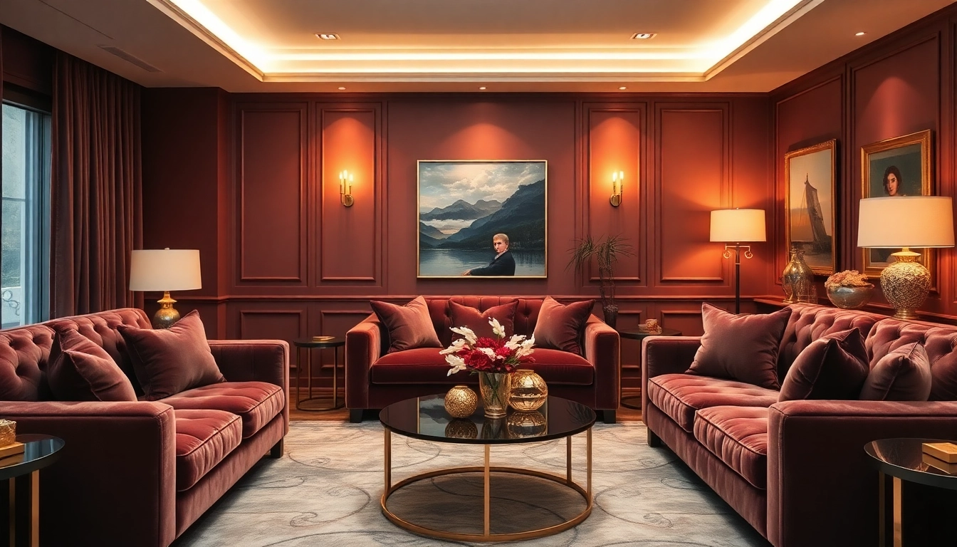 Luxury living room featuring plush velvet furniture and elegant gold accents, creating a cozy ambiance.