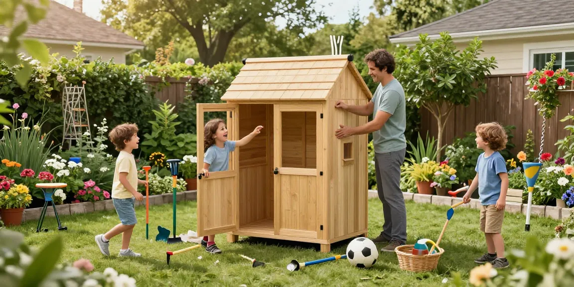 Familie beim Gartenhaus kaufen und Aufbauen im schönen Garten mit Blumen und Sonnenschein.
