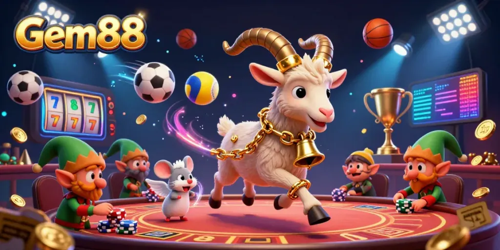 Win exciting prizes at Gem88 with animated characters in a lively casino scene filled with sports and gaming elements.