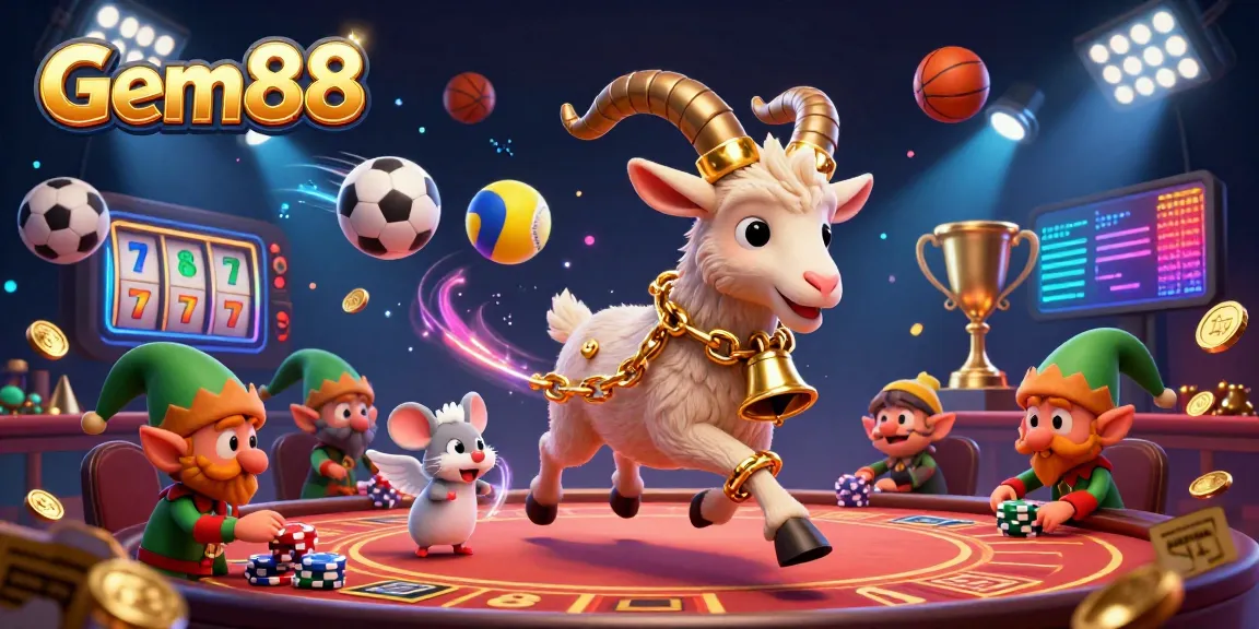Win exciting prizes at Gem88 with animated characters in a lively casino scene filled with sports and gaming elements.