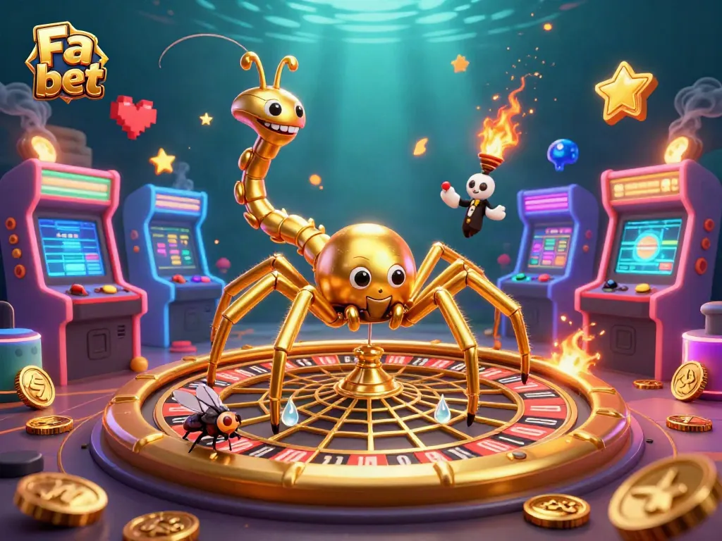 Engage in exhilarating gaming action with Fa bet as a golden spider spins a roulette wheel web.