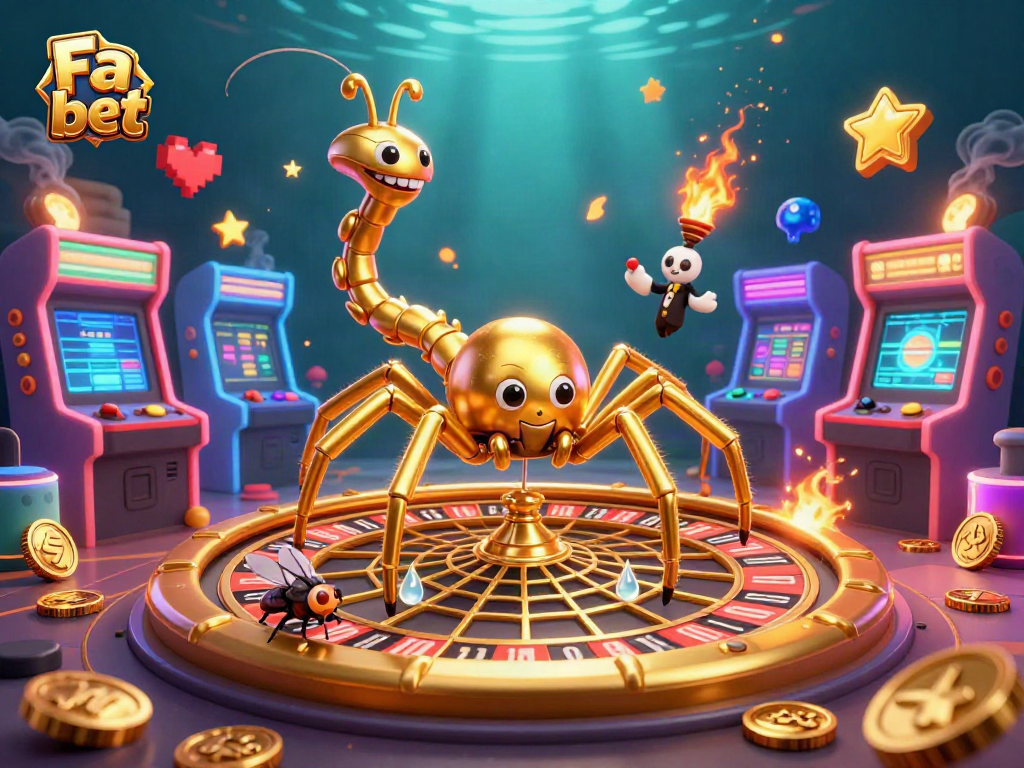 Engage in exhilarating gaming action with Fa bet as a golden spider spins a roulette wheel web.