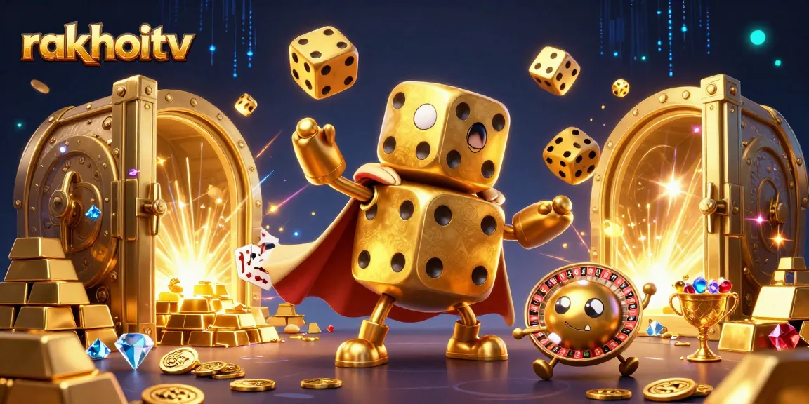 Engage with rakhoitv's vibrant and dynamic casino scene featuring a golden dice golem and treasure elements.