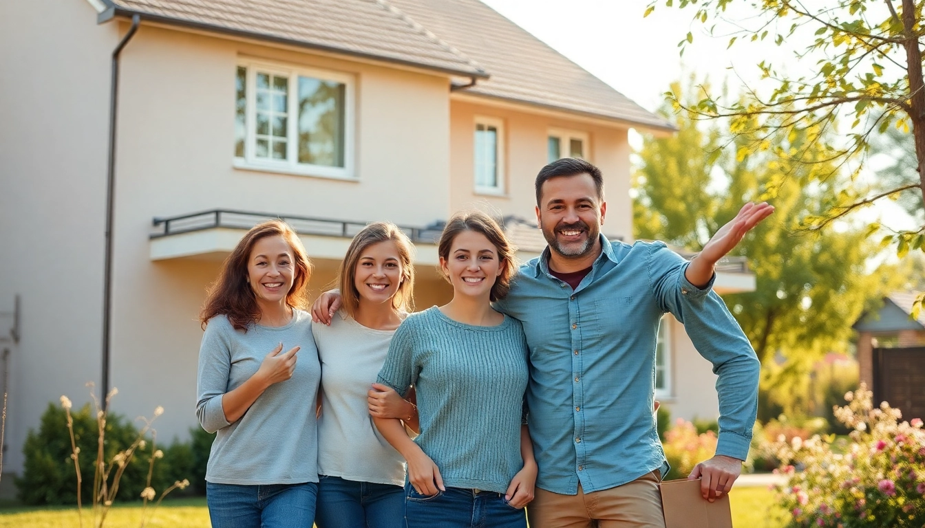Entdecken Sie den Hauskauf mit einer lächelnden Familie, die ein modernes Zuhause betrachtet.