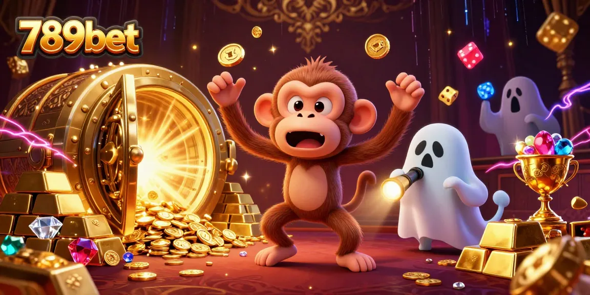 Engage with 789bet's thrilling haunted casino, showcasing a poltergeist monkey and ghost-hunter puppy.