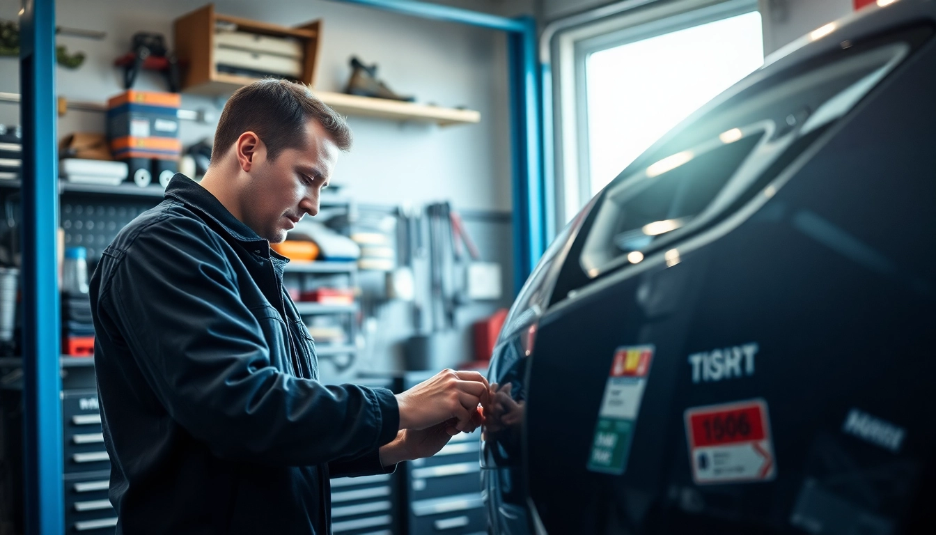 Stoßstange reparieren München mit einem professionellen Mechaniker, der an einem Fahrzeug arbeitet.