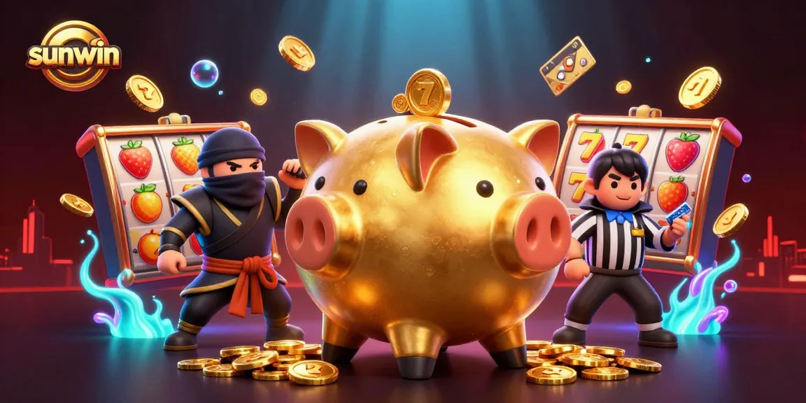 Experience the thrill of sunwin casino with a dynamic illustration of lively characters and vibrant slot elements.