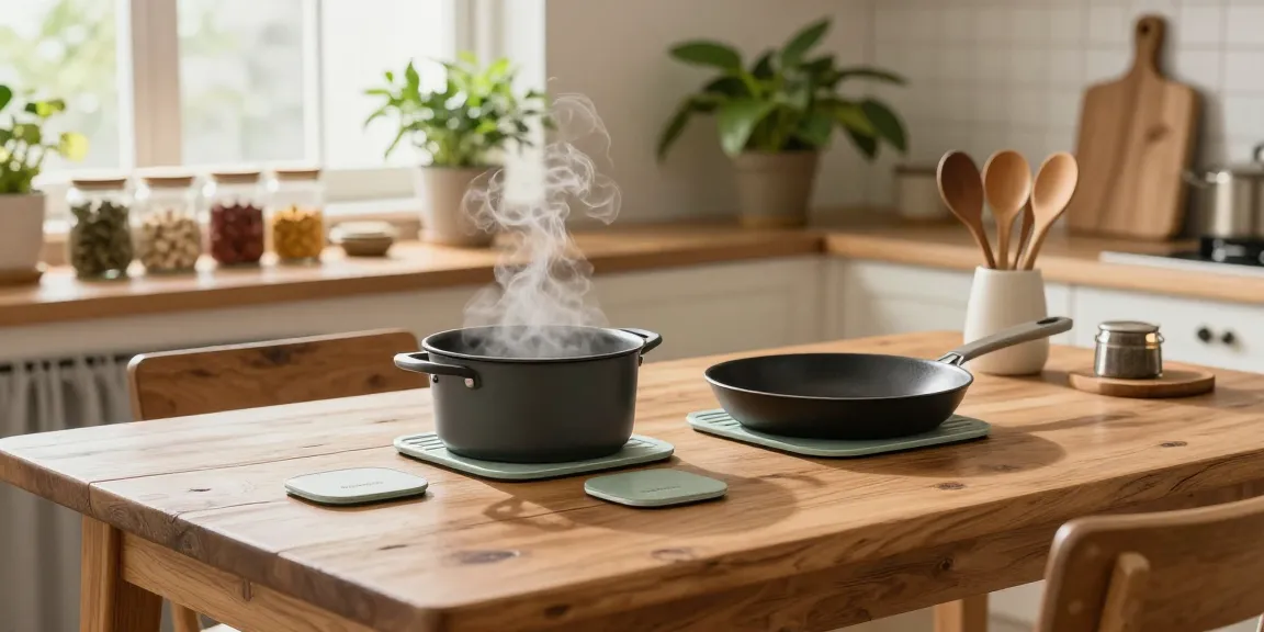 Elegante Topfuntersetzer aus Holz von GreenKitchen auf rustikalem Tisch in gemütlicher Küche.
