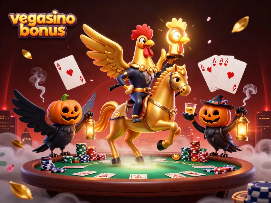 Experience the vegasino bonus with a vibrant casino scene featuring a golden rooster and poker elements.