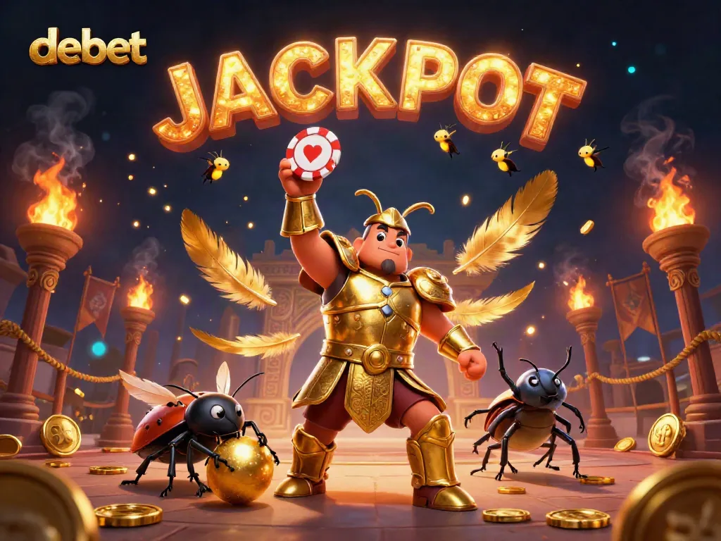 Experience winning with debet illustrated through a victorious beetle and jackpot fireflies in a casino setting.