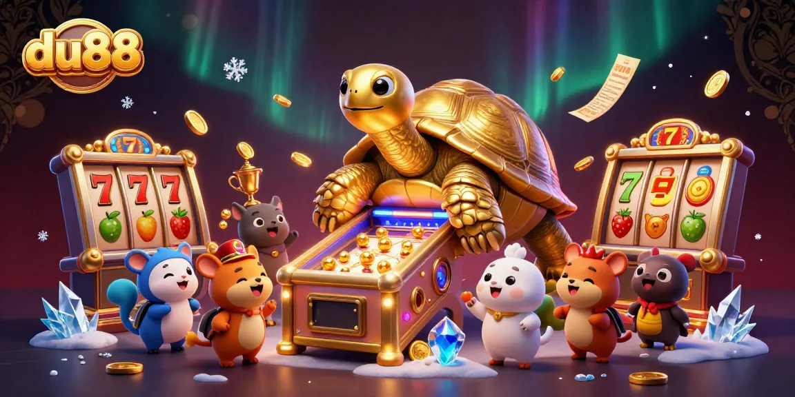 Experience thrilling gameplay with du88's colossal tortoise pinball machine amidst an exciting casino atmosphere.