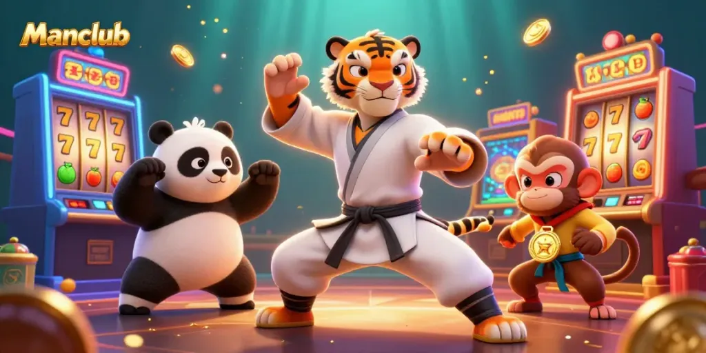 Engage with the exciting Manclub casino experience full of colorful slot machines around playful characters.