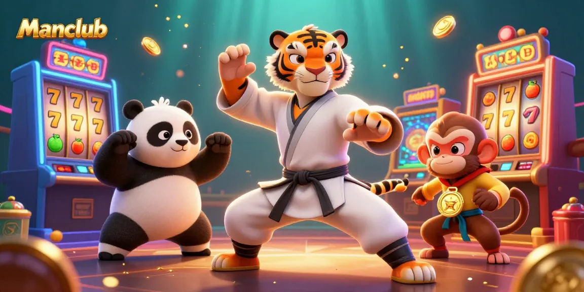 Engage with the exciting Manclub casino experience full of colorful slot machines around playful characters.