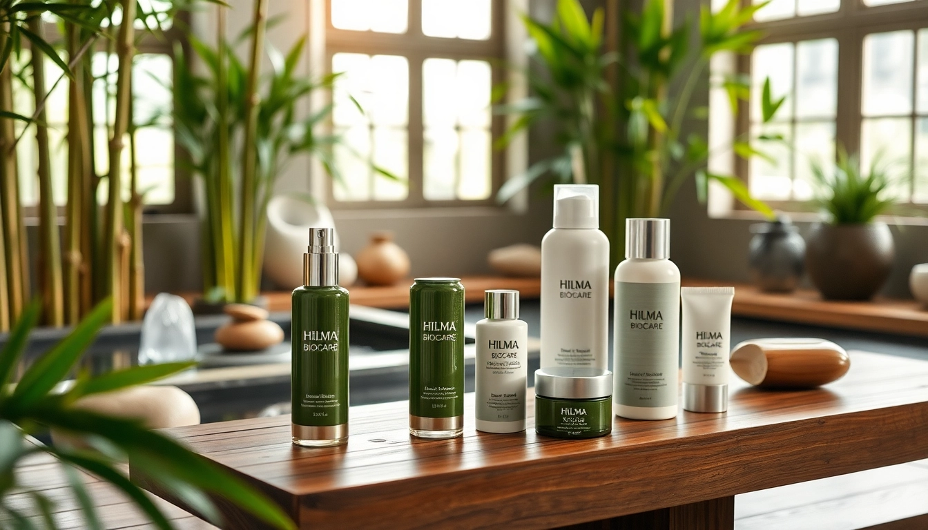 Die Hilma Biocare Produkte elegant angeordnet in einer beruhigenden Spa-Umgebung.