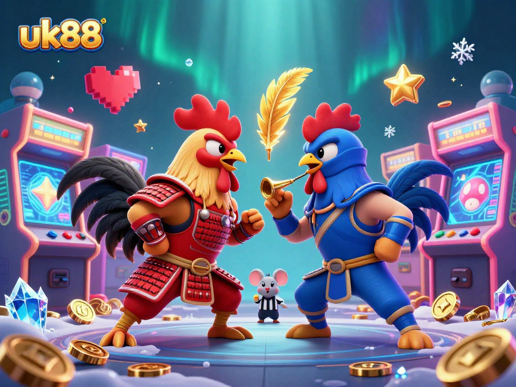 Experience thrilling cockfighting action with uk88’s vibrant gaming scene showcasing colorful arcade elements.