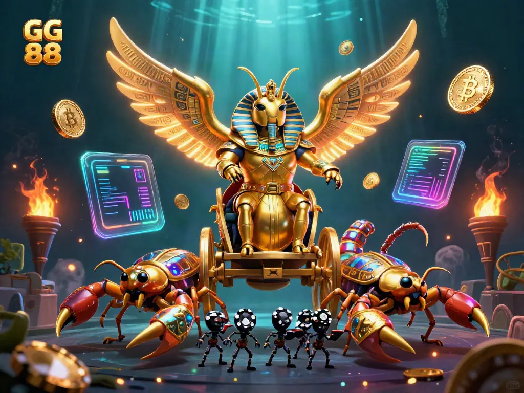 Participate in GG 88's vibrant gaming experience with golden beetles, scorpions, and crypto coins.
