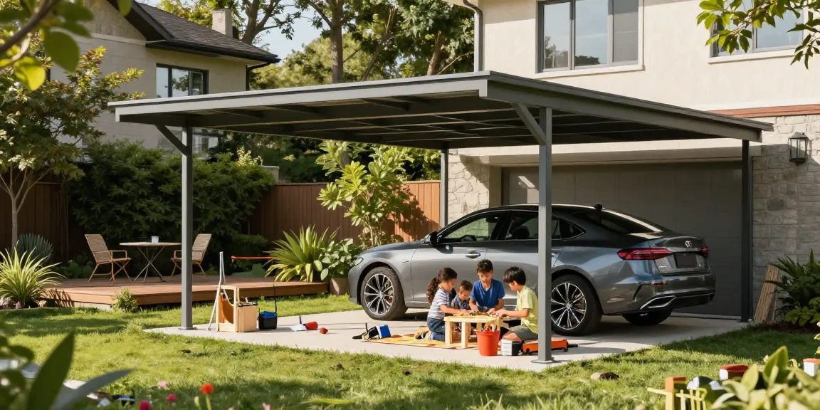 Moderne Carport-Szene mit Familie bei einem Picknick und Werkzeugen zur Gartenarbeit.
