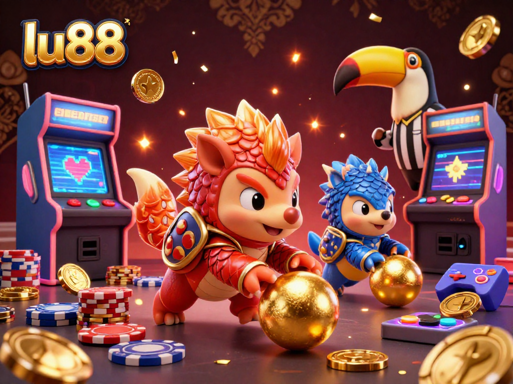 Engage with lu88's dynamic gaming world featuring animated pangolins bowling through poker chips.