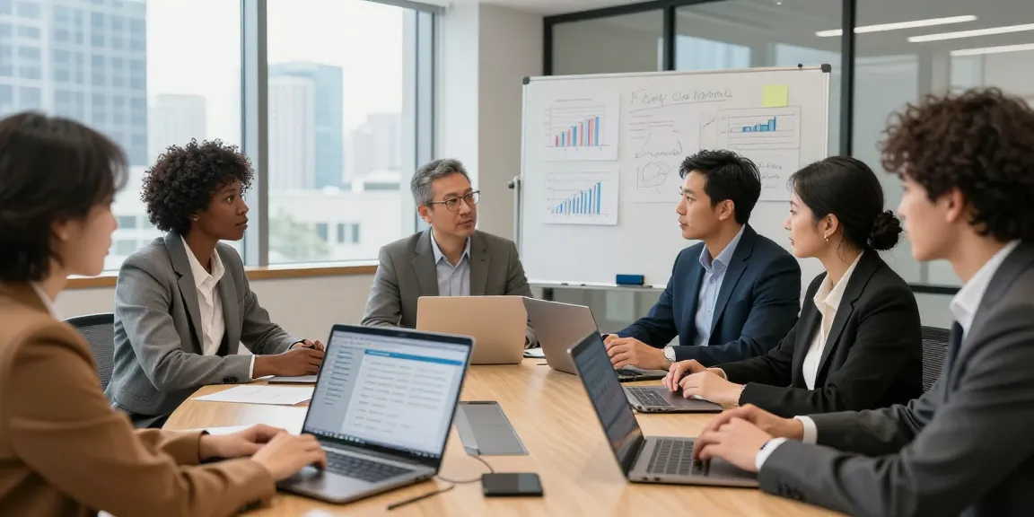 Führungsverhalten bewerten in einem modernen Büro, Teamdiskussion über Feedbackkultur und transparentes Leadership.