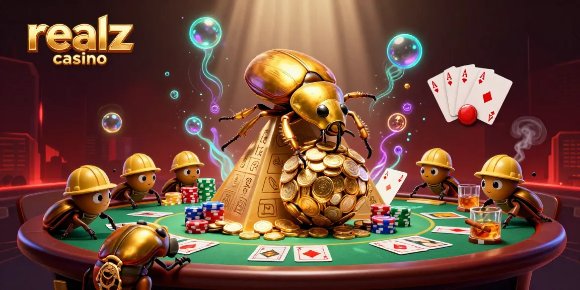Experience thrilling gaming action at realz casino with vibrant 3D beetles and casino elements.
