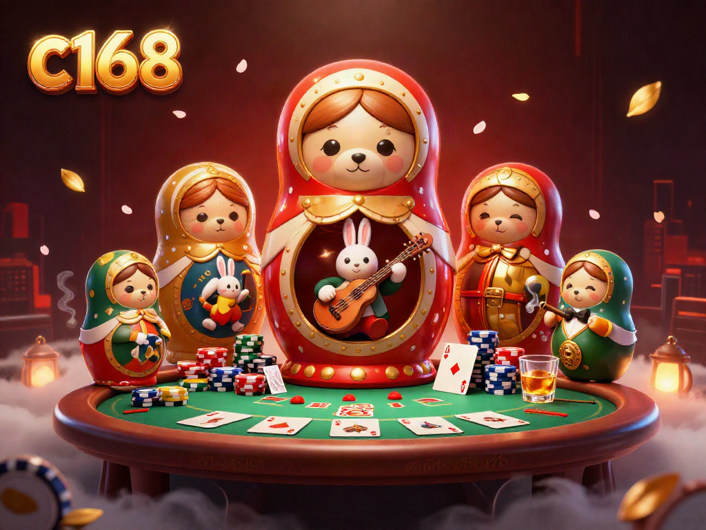 C168 showcases lively 3D casino characters enjoying poker action, revealing dynamic betting excitement.