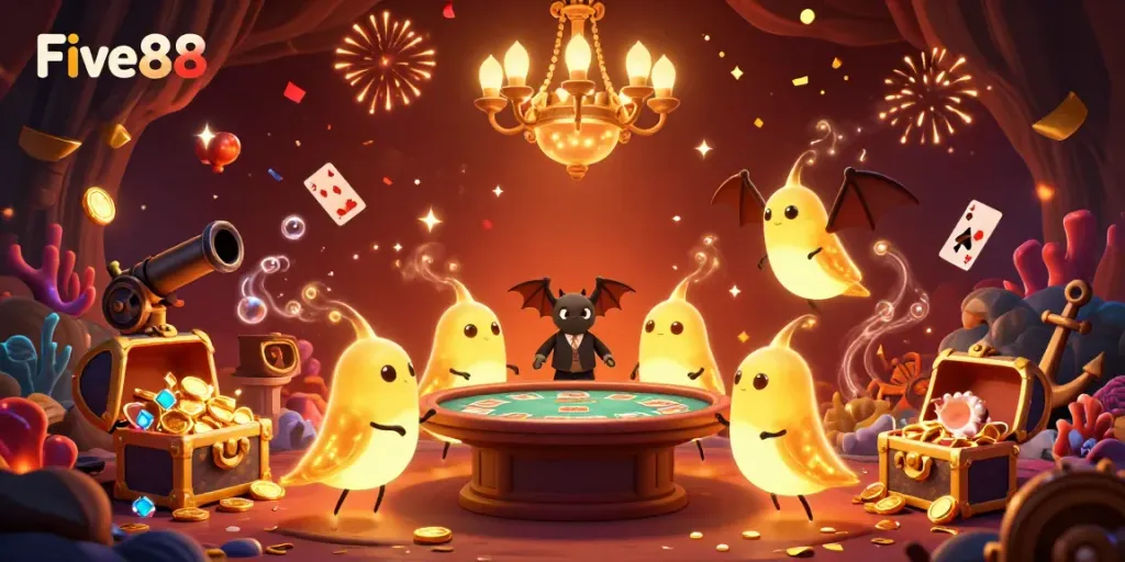 Experience the excitement of Five88 with glowing glowworms in a vibrant casino scene filled with treasure and celebration.