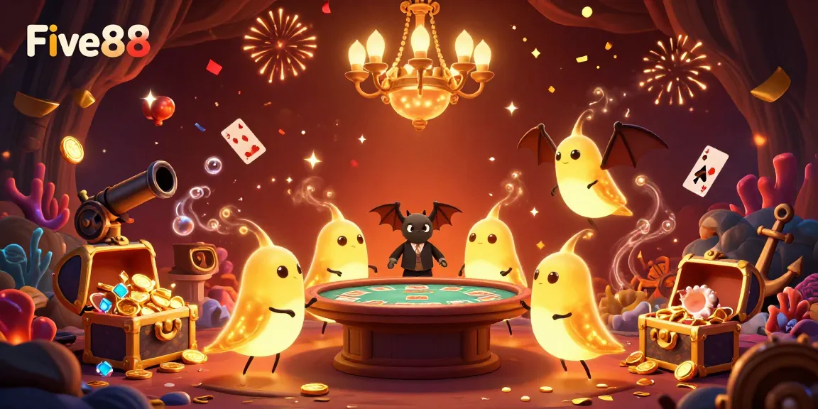 Experience the excitement of Five88 with glowing glowworms in a vibrant casino scene filled with treasure and celebration.