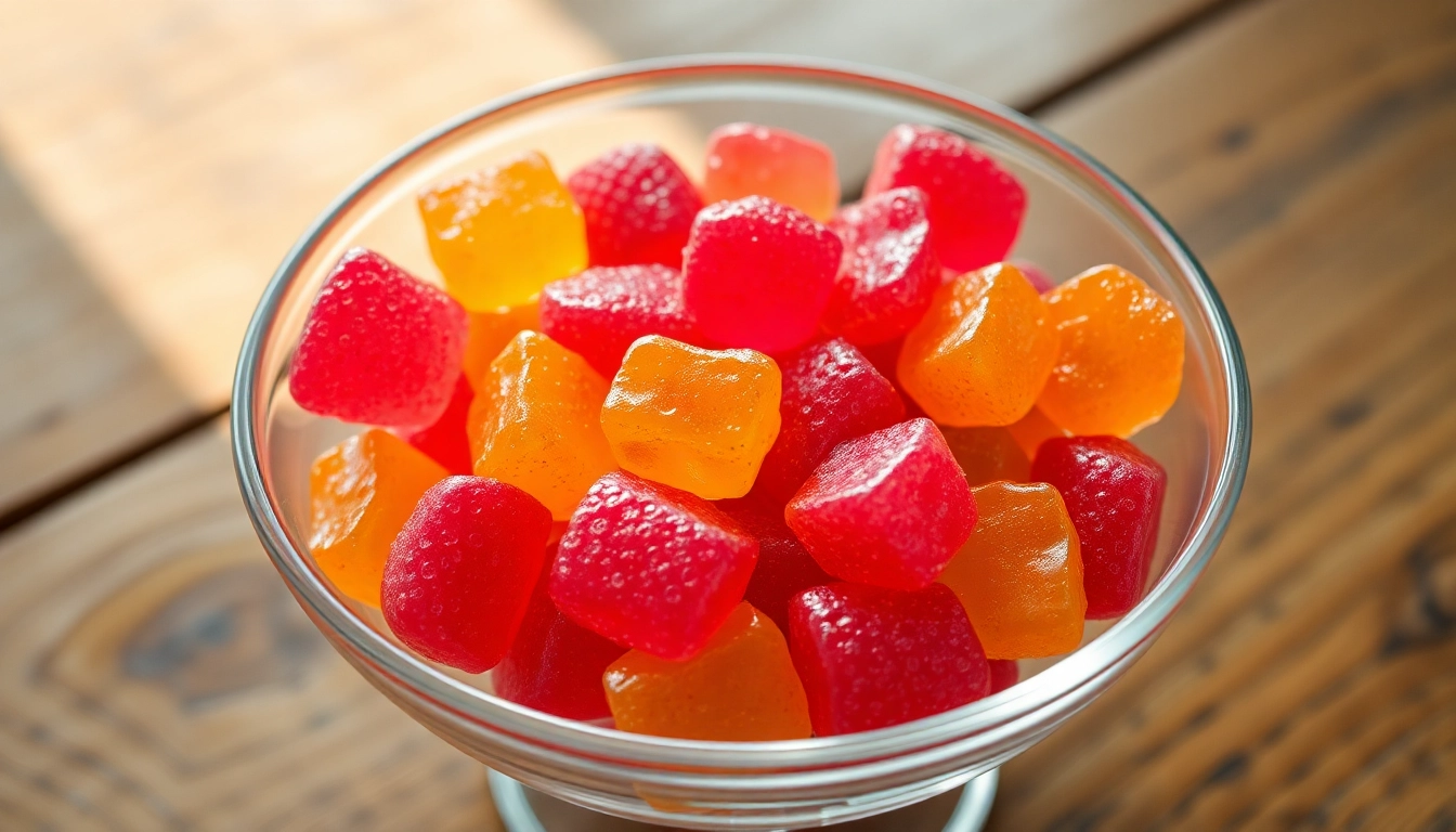 Leckere edibles gummibärchen in verschiedenen Farben und Formen, die appetitlich in einer Schüssel präsentiert werden.