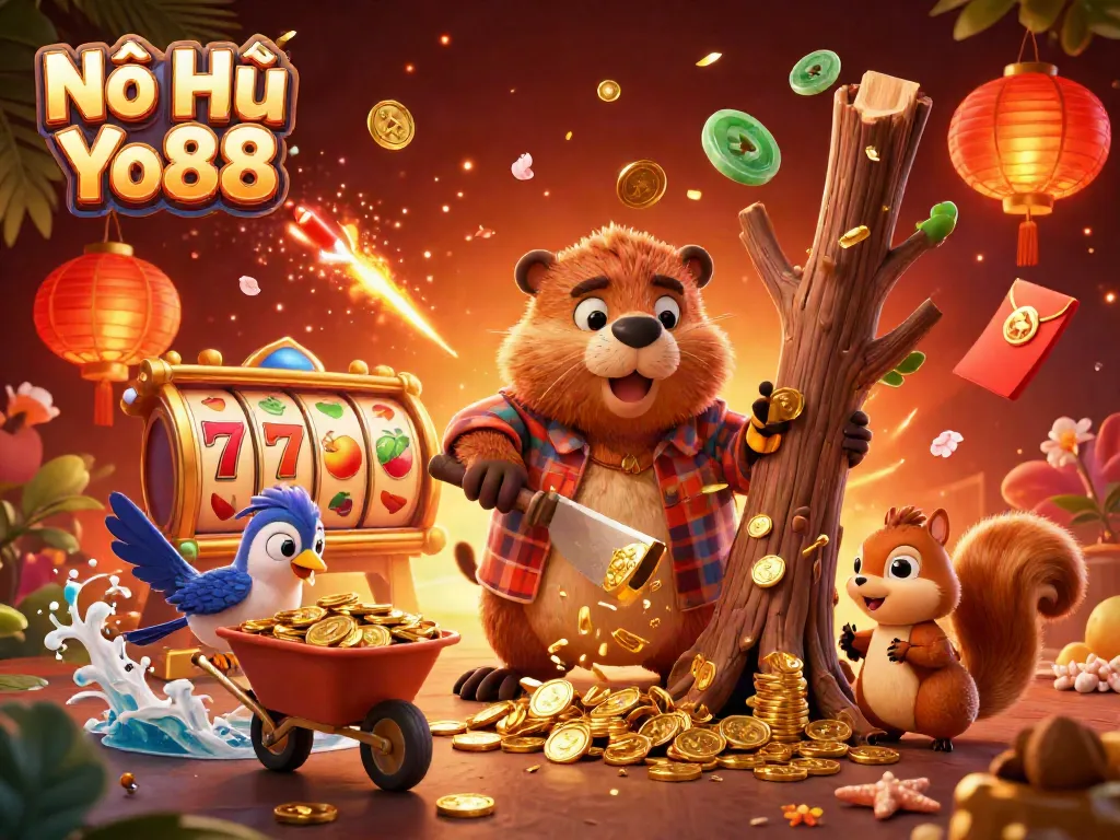 Nổ Hũ Yo88 showcases an exciting illustration of a beaver and bird collecting coins around enchanting slot game elements.