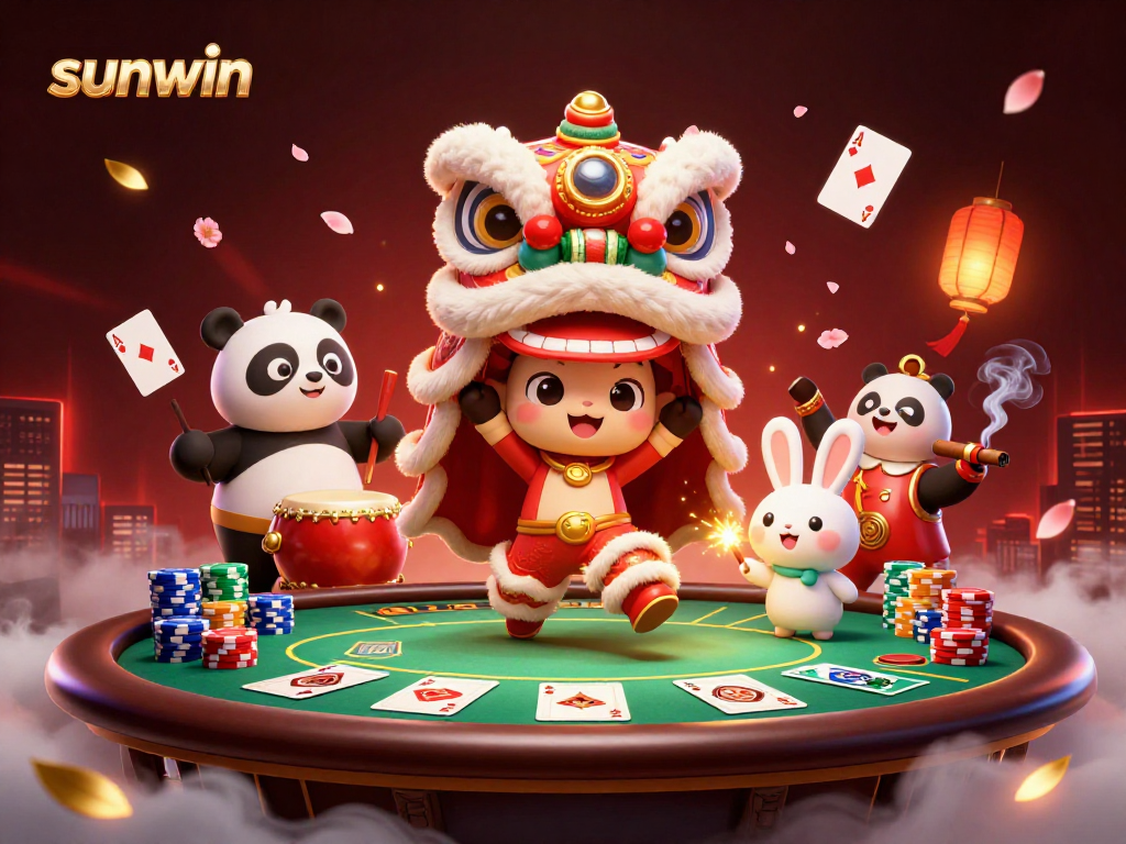 Experience excitement at sunwin casino with vibrant lion dance and interactive poker elements in this dynamic illustration.
