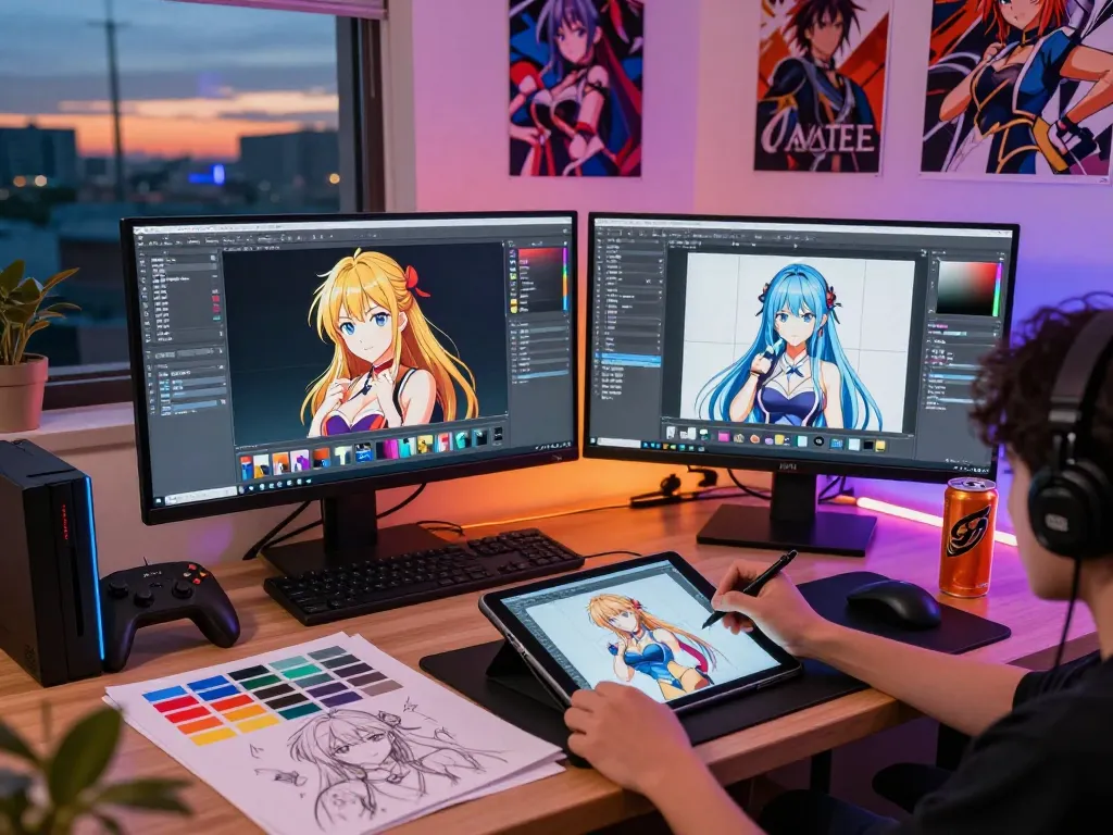 Creating engaging hentai ai chat character designs in a vibrant digital art studio.