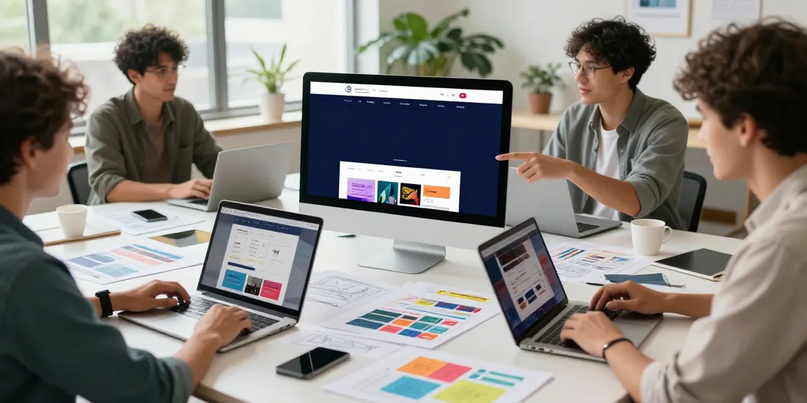 Webdesign Saarland: Kreatives Team im modernen Büro, das an Website-Layouts arbeitet.