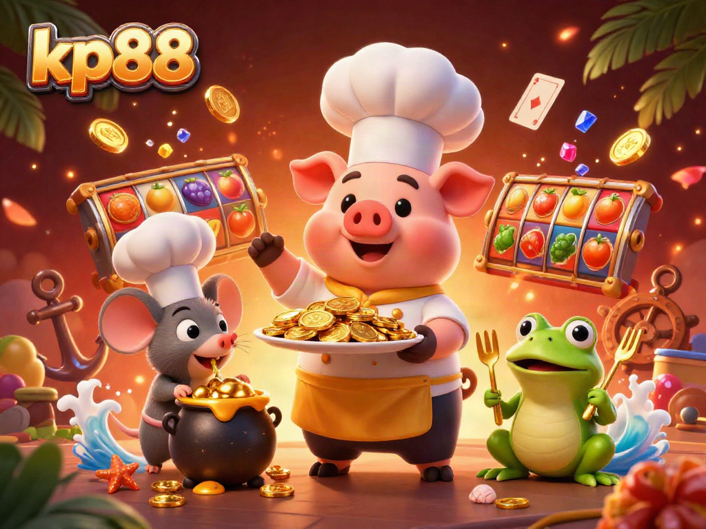 Experience winning moments at kp88 with vibrant casino elements and characters celebrating riches.