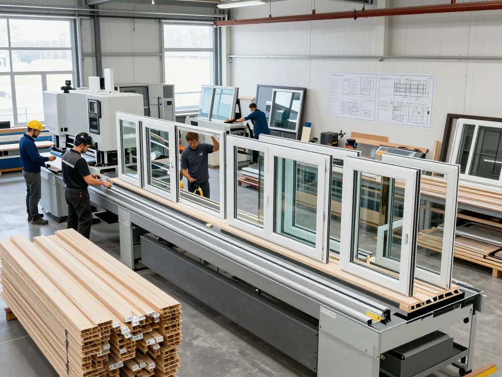 Fertigung von Fensterbau-Fenstern in einer modernen Produktionsstätte mit qualifizierten Arbeitern und fortschrittlichen Maschinen.
