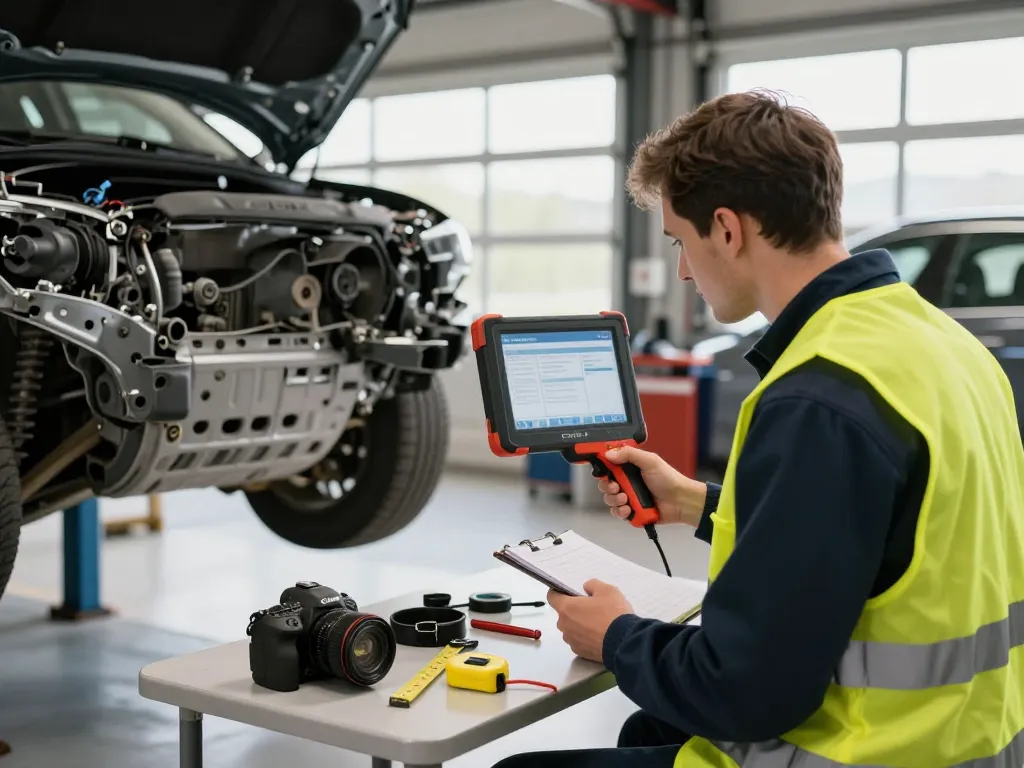 Kfz Gutachter Düren führt eine Fahrzeuginspektion in einer professionellen Garage durch und zeigt Fachwissen in der Schadensbewertung.