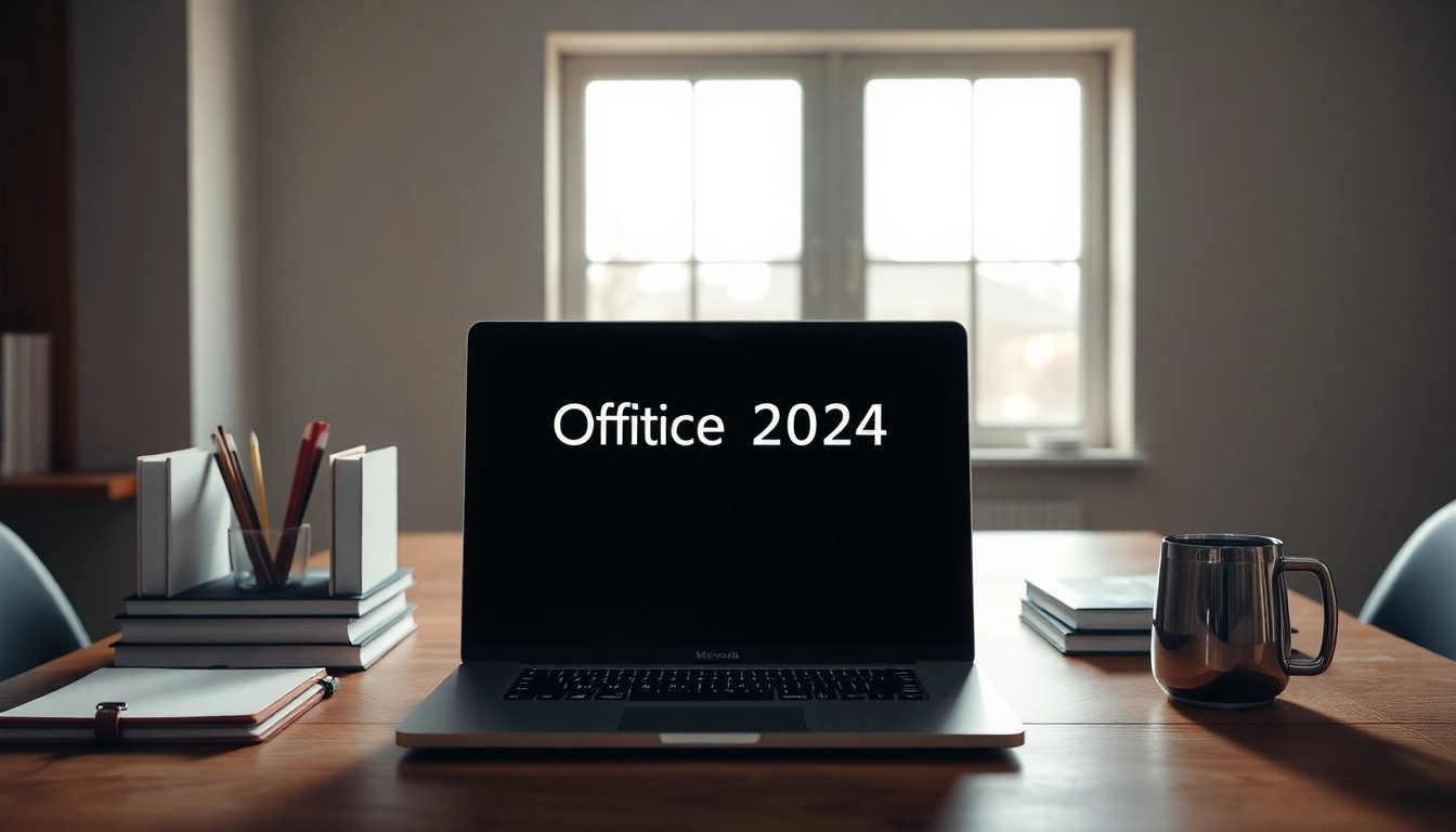 Microsoft Office 2024 Mac Professional Plus kaufen mit sofortiger Aktivierung, zeigt elegantes Setup mit Laptop und Büroaccessoires.