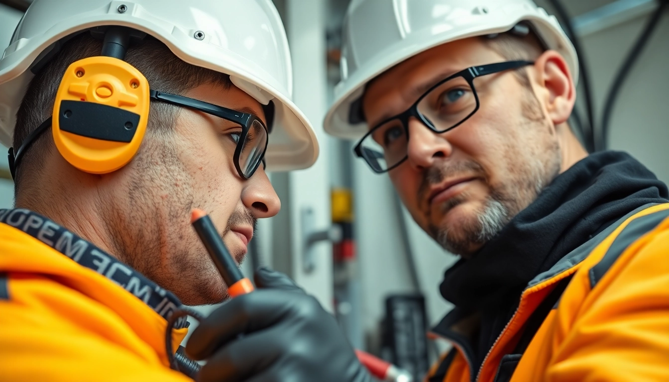 Electrician performing a DGUV V3 Prüfung with specialized tools in a well-lit workspace.