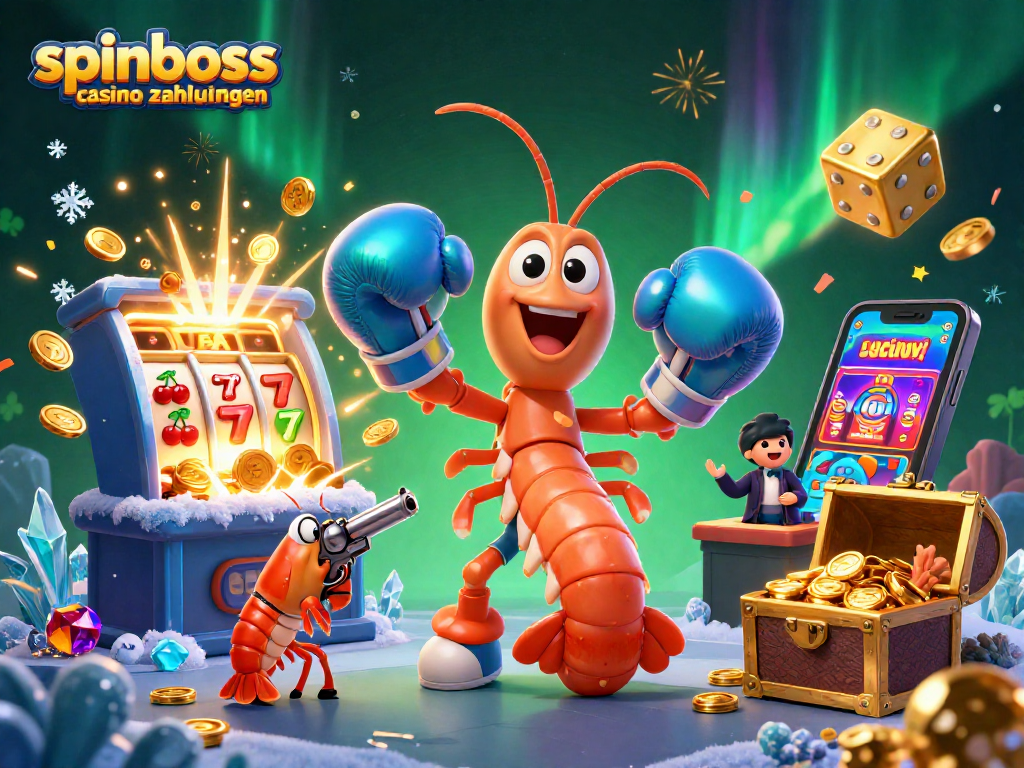 Spinboss Casino Zahlungen: Eine 3D-Illustration, die eine dynamische Casino-Szene zeigt, einschließlich Spielautomaten und einer Flut von Goldmünzen.