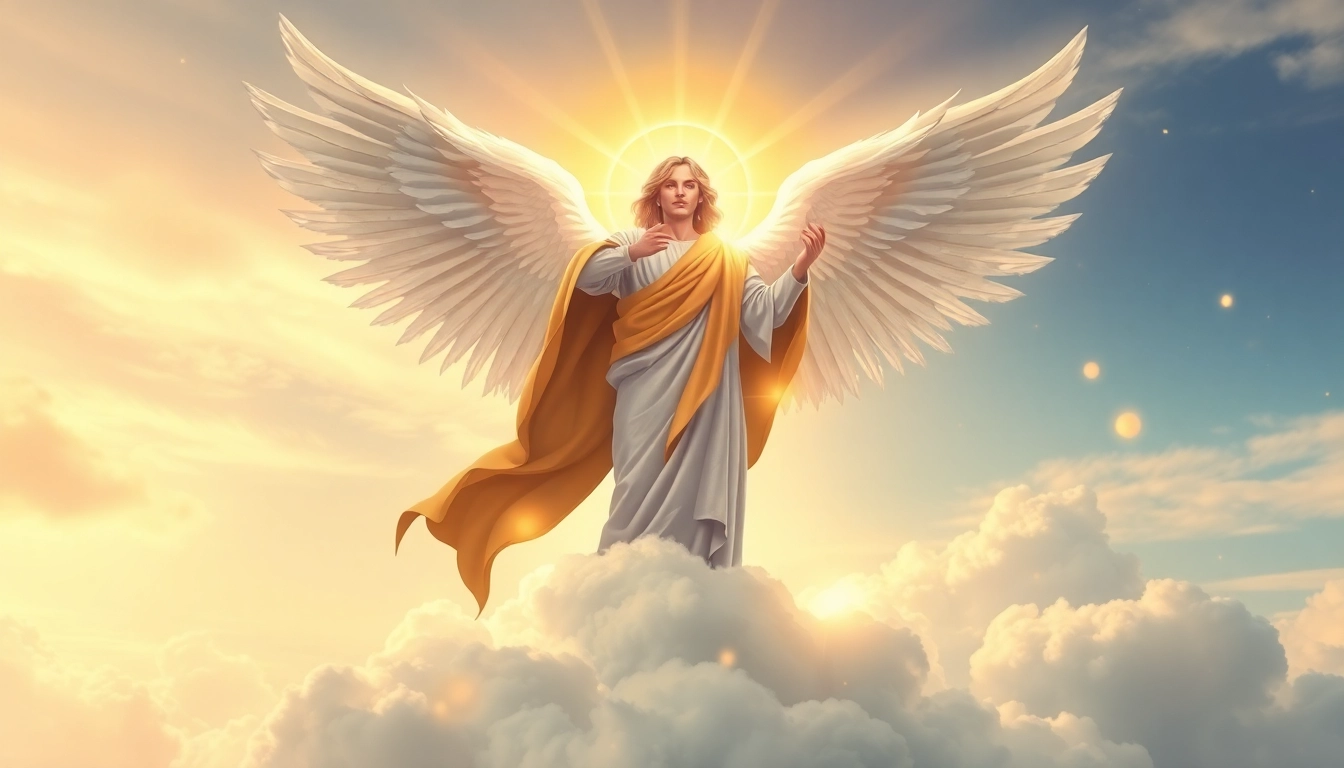 Erzengel Gabriel mit strahlenden Flügeln in einer himmlischen Kulisse.