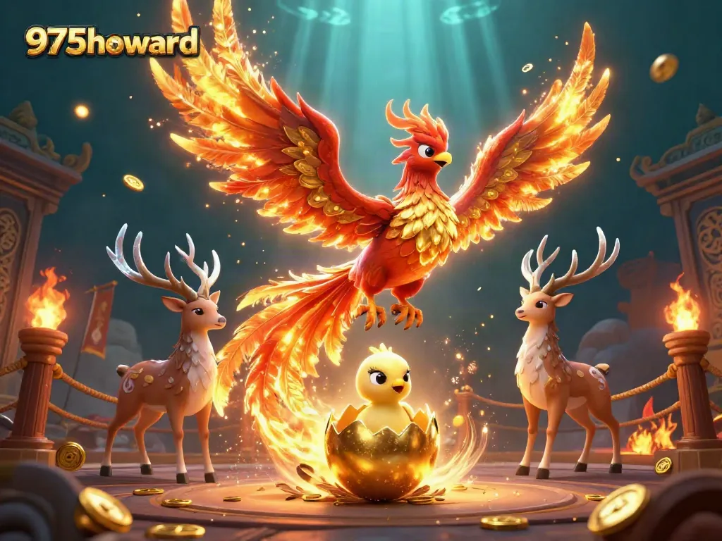 Engage with 975howard's vibrant casino scene featuring a phoenix and gold tokens in action.