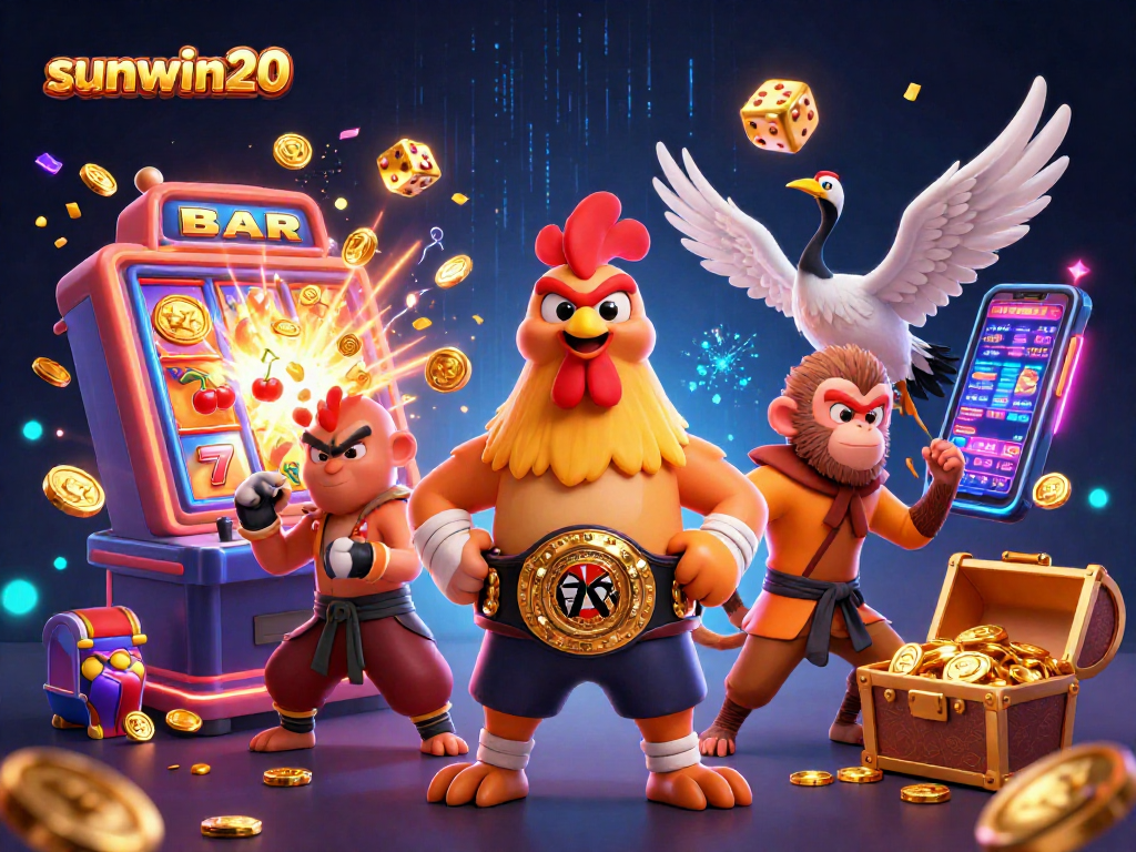 Experience the excitement of sunwin20 with a vibrant casino scene bursting with action and jackpot elements.