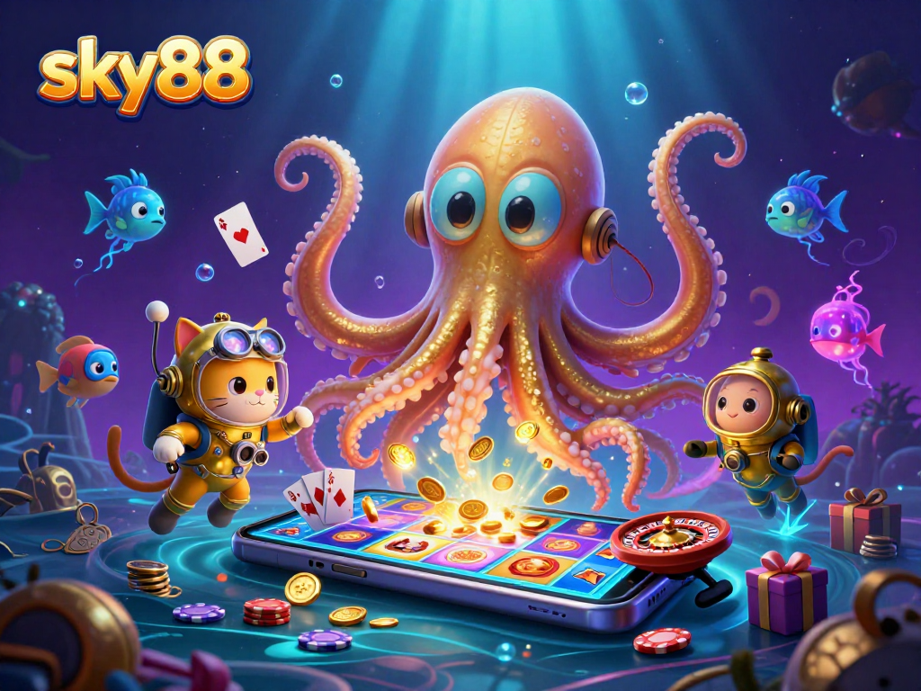 Experience the thrill of sky88 with a dynamic 3D casino scene featuring a kraken and a diving cat.
