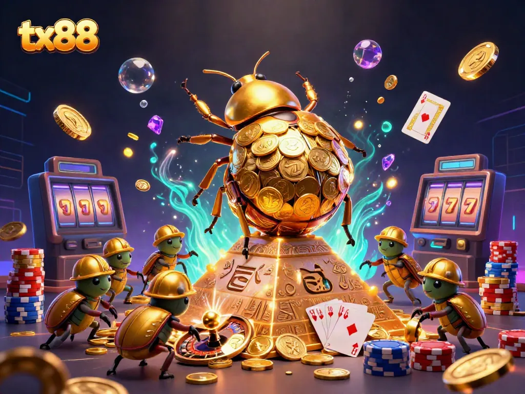 Experience the excitement at tx88 with vibrant casino elements illustrating a golden beetle rolling coins.